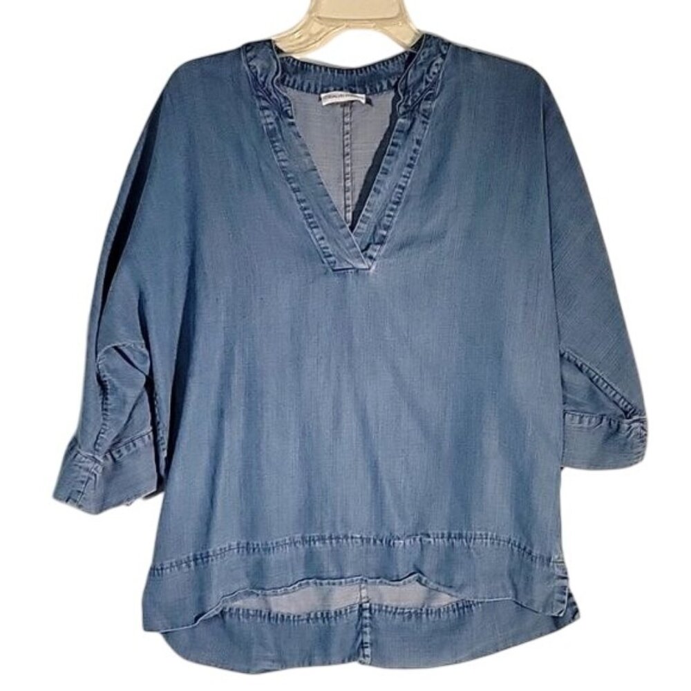 Calvin Klein Womens Light Blue Denim Tunic Top W/ V-Neck & 3/4 Sleeves Size‎ S
